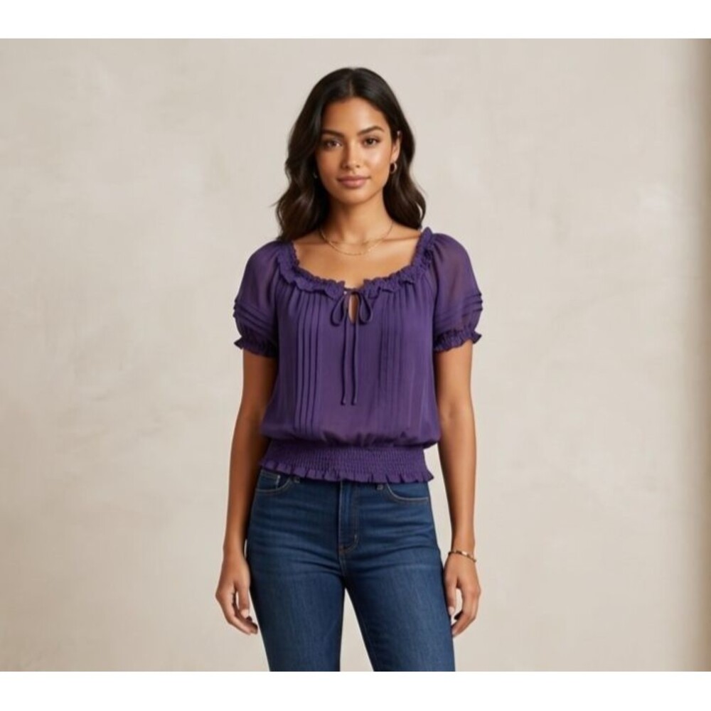 Miley Cyrus Max Azria Purple Chiffon Blouse Smocked Peasant Boho Top Medium Y2K